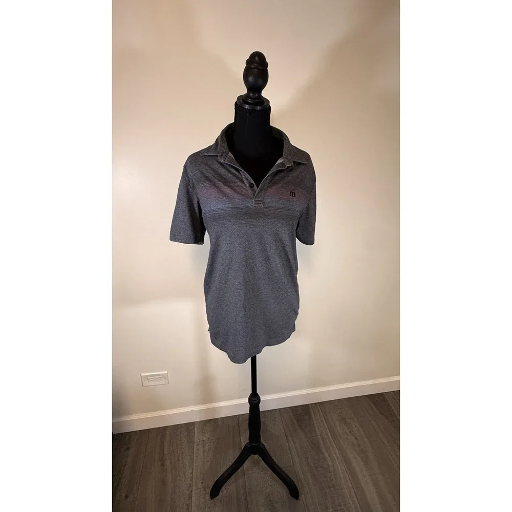 TravisMathew Men's Gray Striped Polo Shirt S Short Sleeve Collared Logo Button